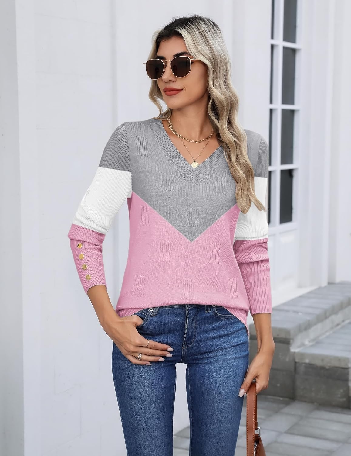 image:imageZeagoo Womens V Neck Sweaters Long Sleeve Lightweight with Buttons OufitsCgrey Pink