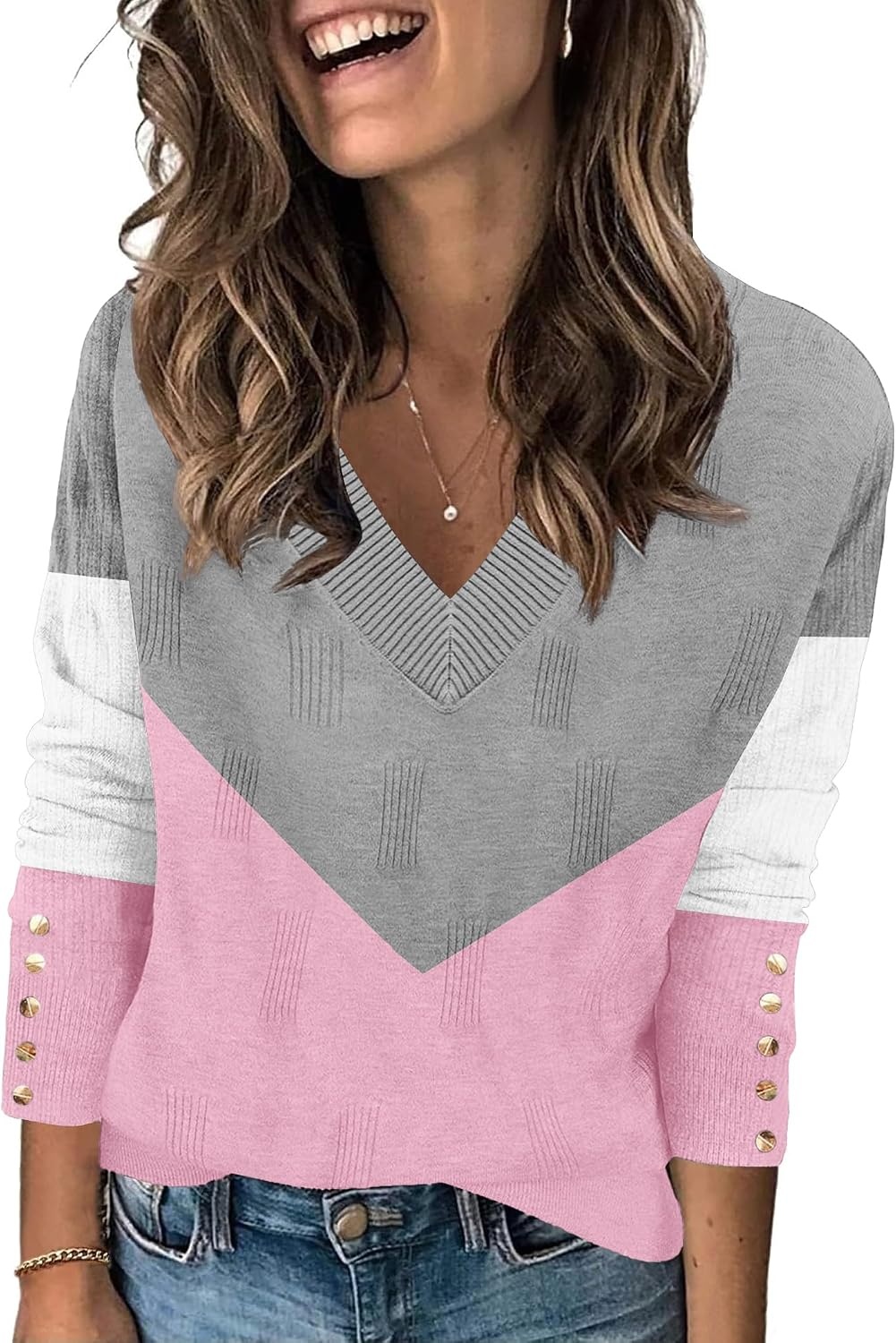 image:imageZeagoo Womens V Neck Sweaters Long Sleeve Lightweight with Buttons OufitsCgrey Pink