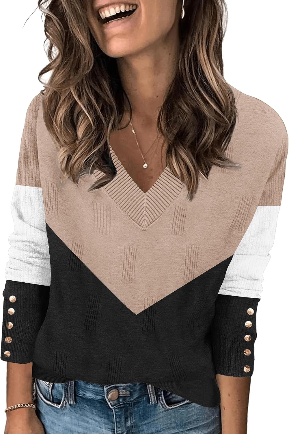 image:imageZeagoo Womens V Neck Sweaters Long Sleeve Lightweight with Buttons OufitsCkhaki Black