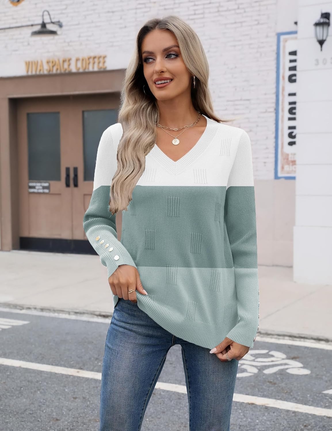 image:imageZeagoo Womens V Neck Sweaters Long Sleeve Lightweight with Buttons OufitsDbluegreen