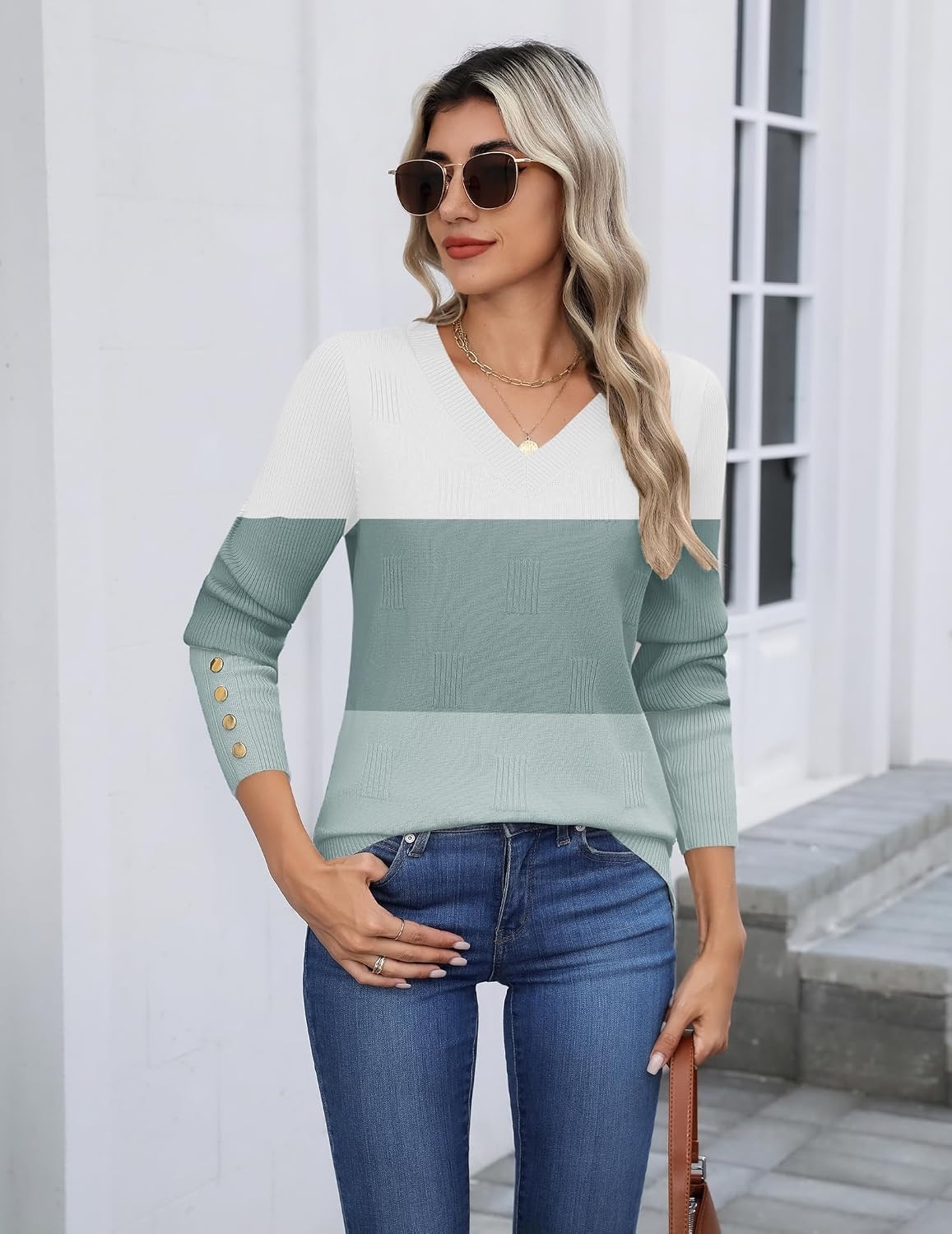image:imageZeagoo Womens V Neck Sweaters Long Sleeve Lightweight with Buttons OufitsDbluegreen