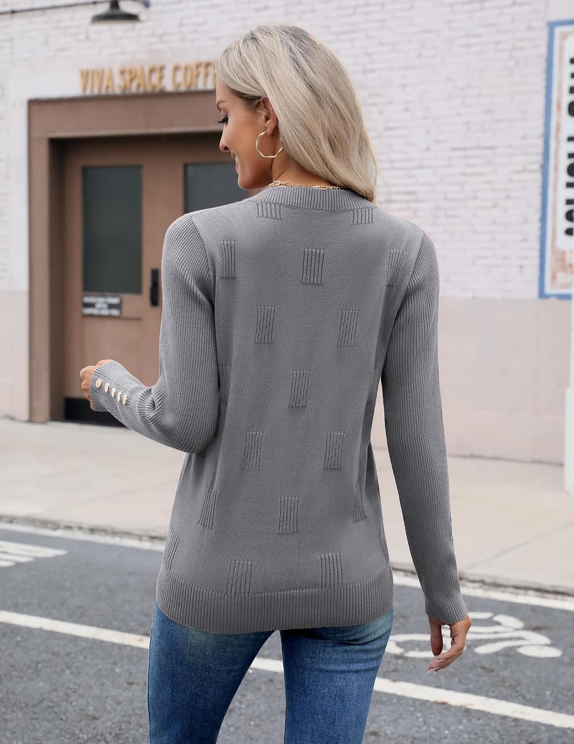 image:imageZeagoo Womens V Neck Sweaters Long Sleeve Lightweight with Buttons OufitsGray