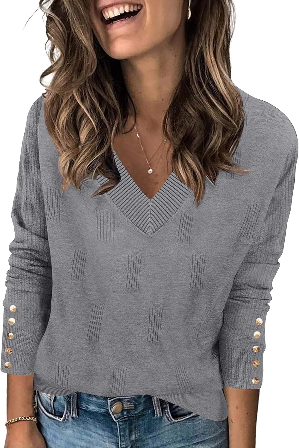 image:imageZeagoo Womens V Neck Sweaters Long Sleeve Lightweight with Buttons OufitsGray