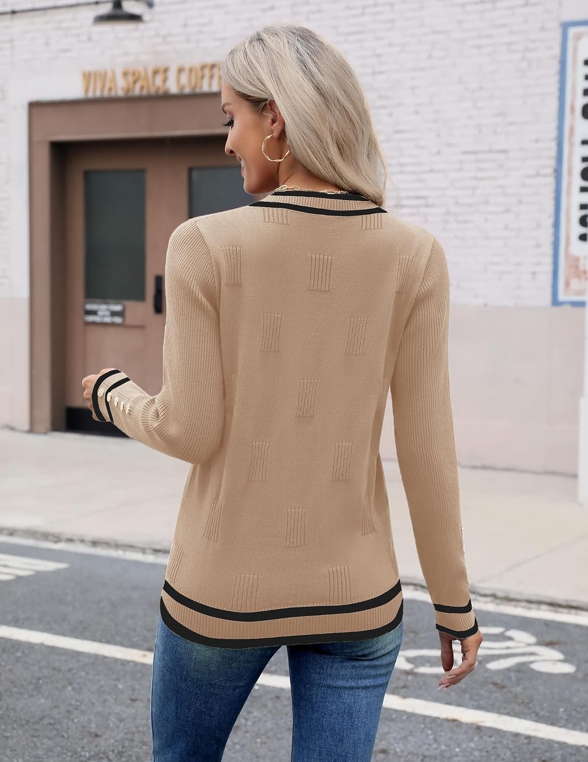 image:imageZeagoo Womens V Neck Sweaters Long Sleeve Lightweight with Buttons OufitsKhakiblack