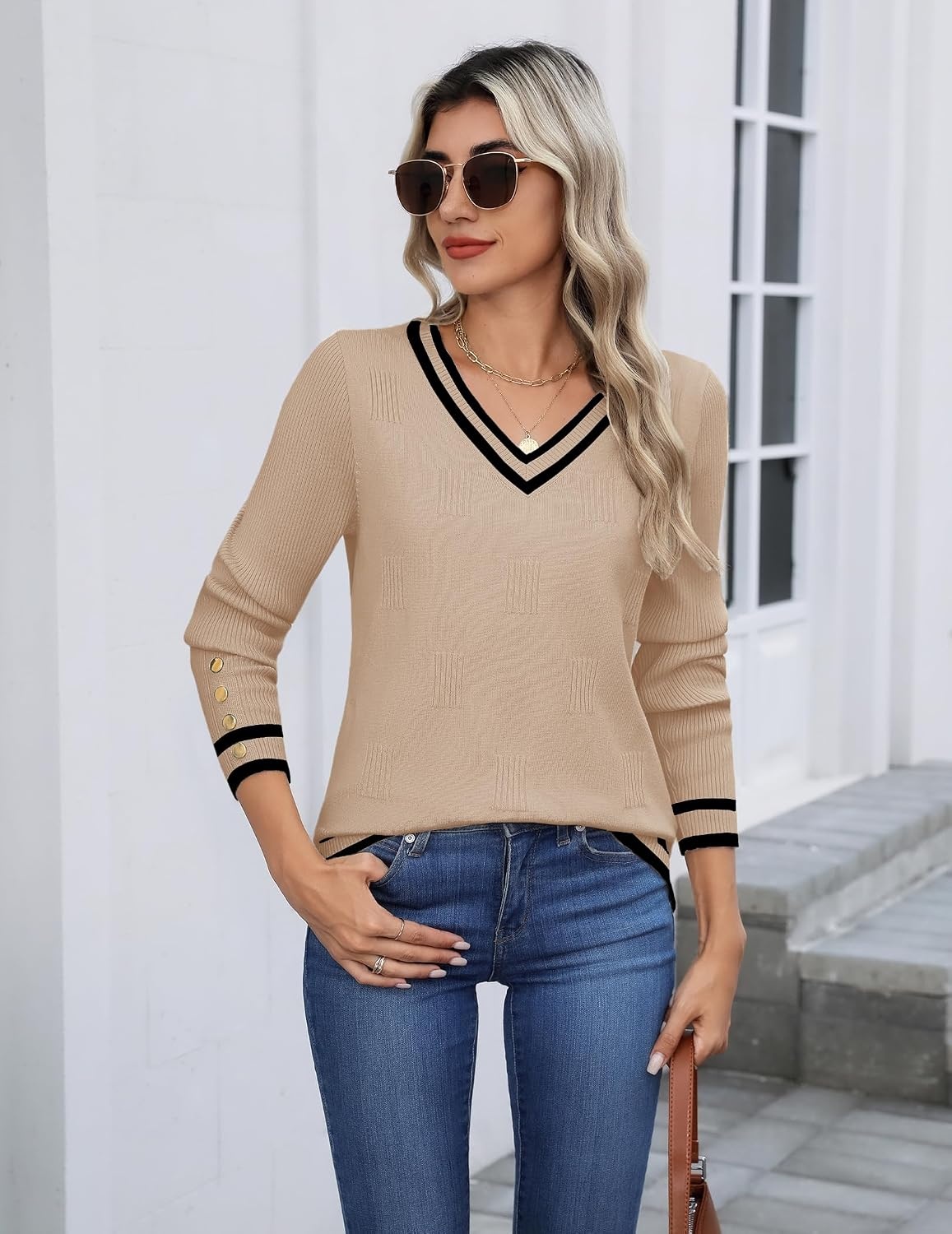 image:imageZeagoo Womens V Neck Sweaters Long Sleeve Lightweight with Buttons OufitsKhakiblack