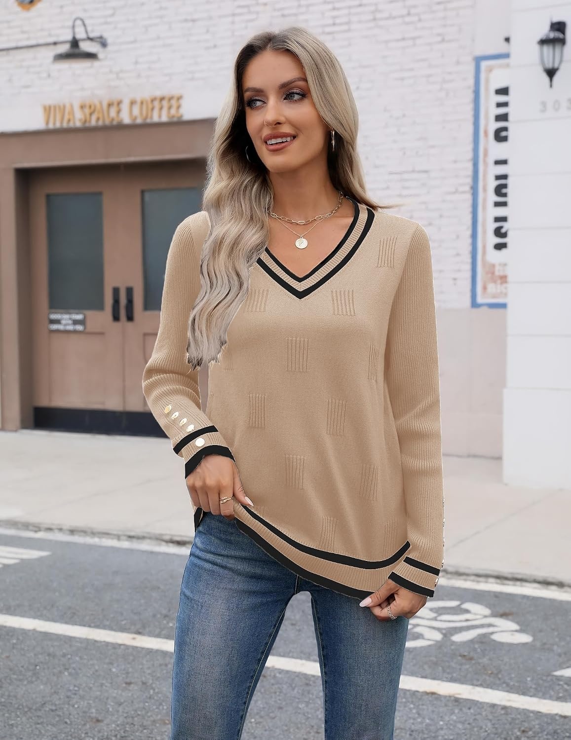 image:imageZeagoo Womens V Neck Sweaters Long Sleeve Lightweight with Buttons OufitsKhakiblack