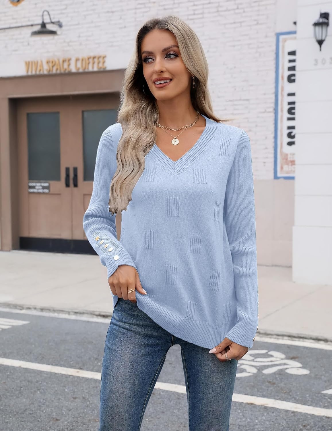 image:imageZeagoo Womens V Neck Sweaters Long Sleeve Lightweight with Buttons OufitsLight Blue