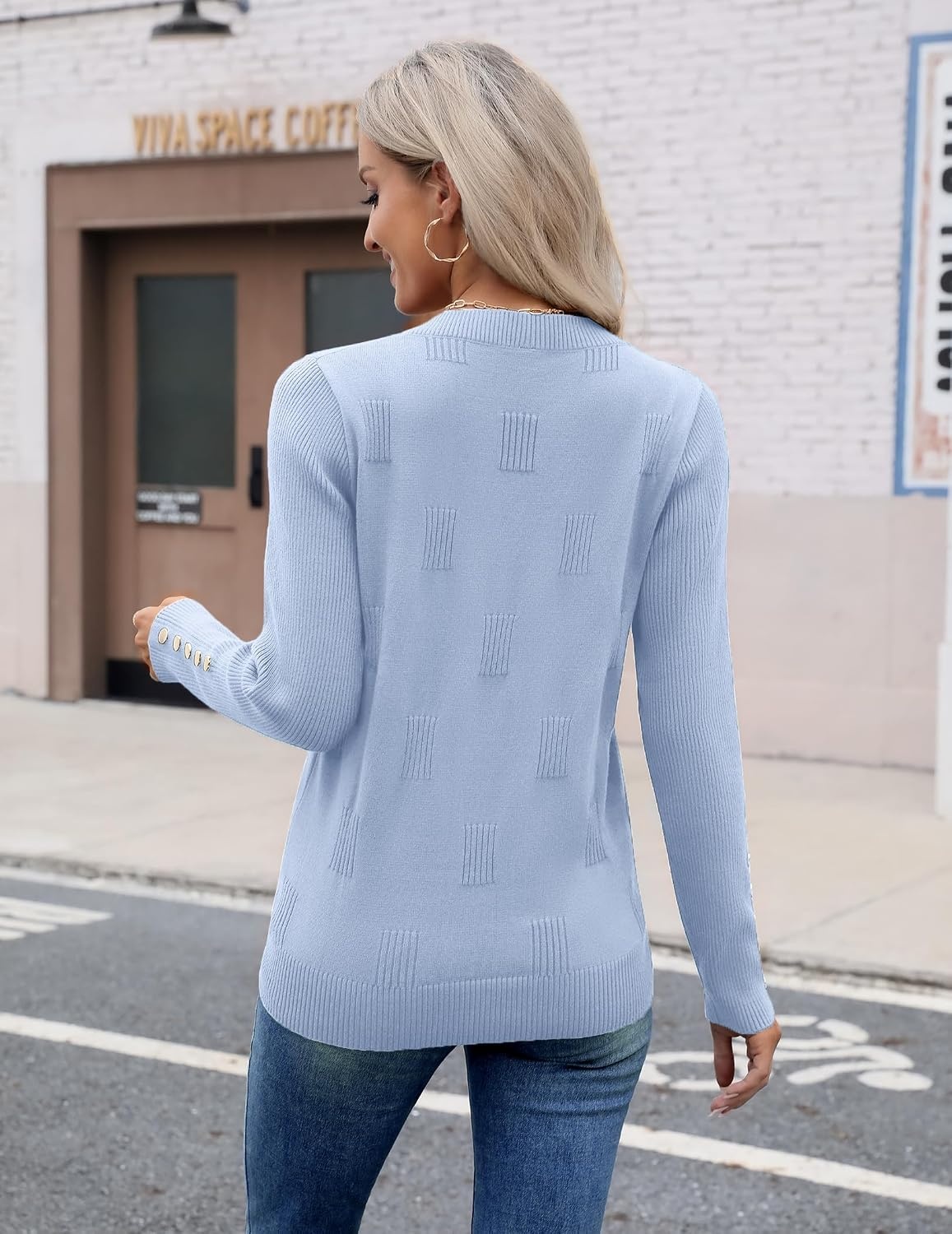 image:imageZeagoo Womens V Neck Sweaters Long Sleeve Lightweight with Buttons OufitsLight Blue