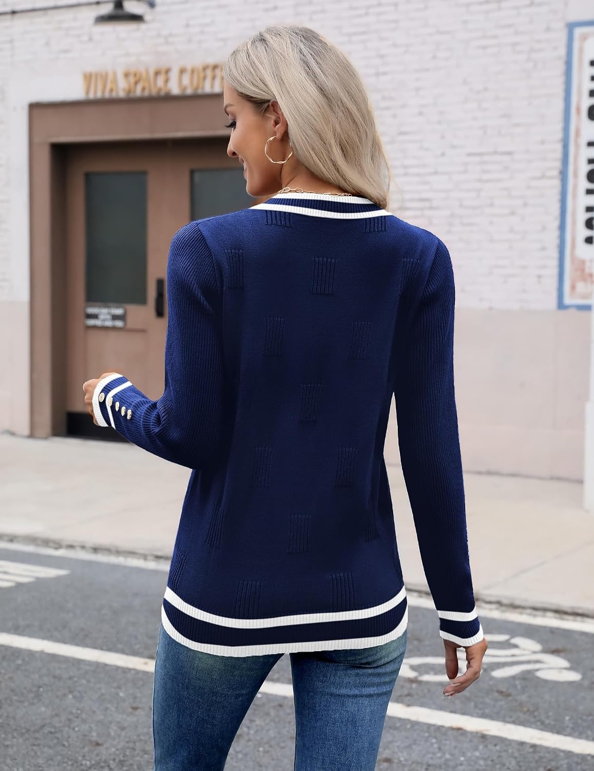 image:imageZeagoo Womens V Neck Sweaters Long Sleeve Lightweight with Buttons OufitsNavy Bluewhite