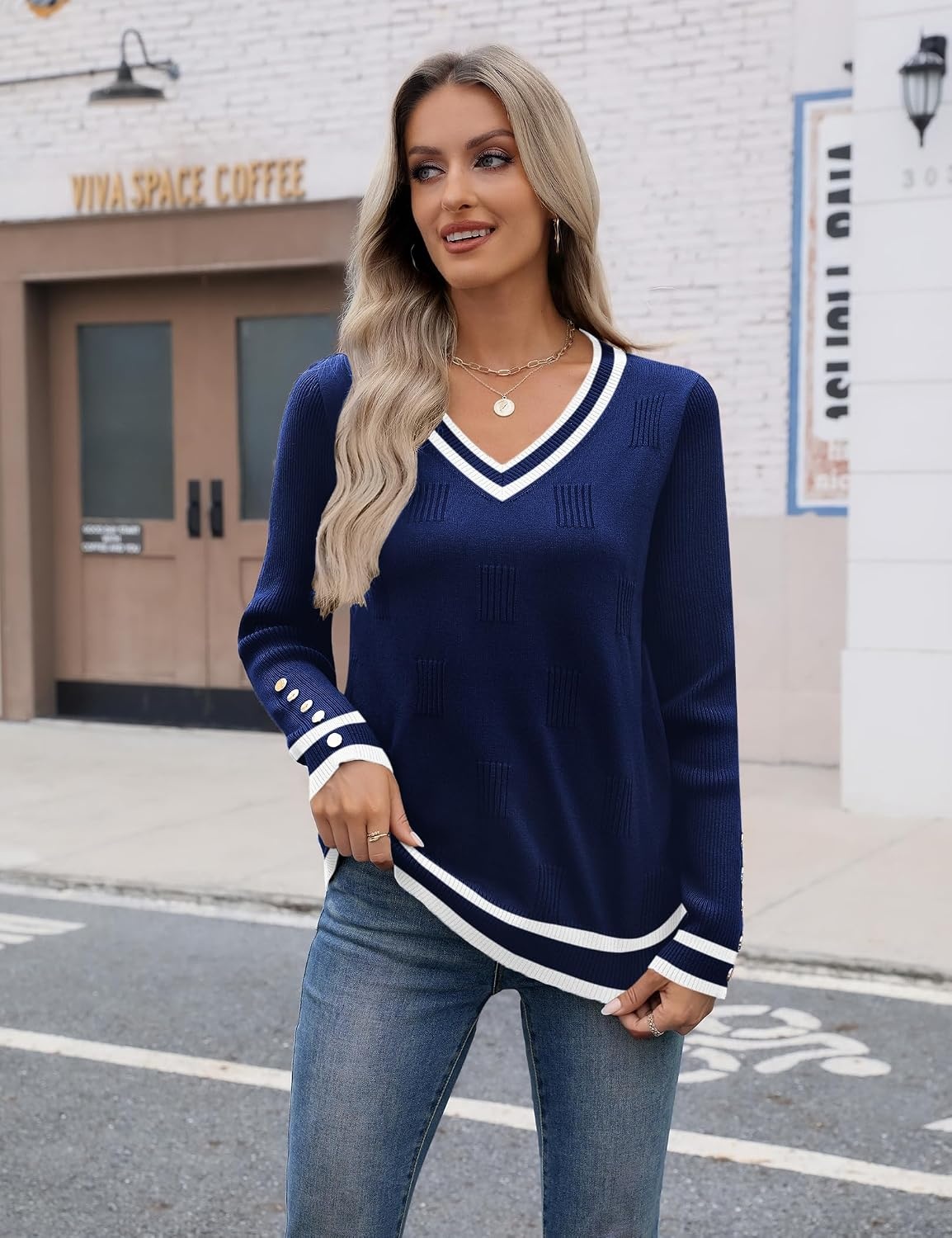 image:imageZeagoo Womens V Neck Sweaters Long Sleeve Lightweight with Buttons OufitsNavy Bluewhite