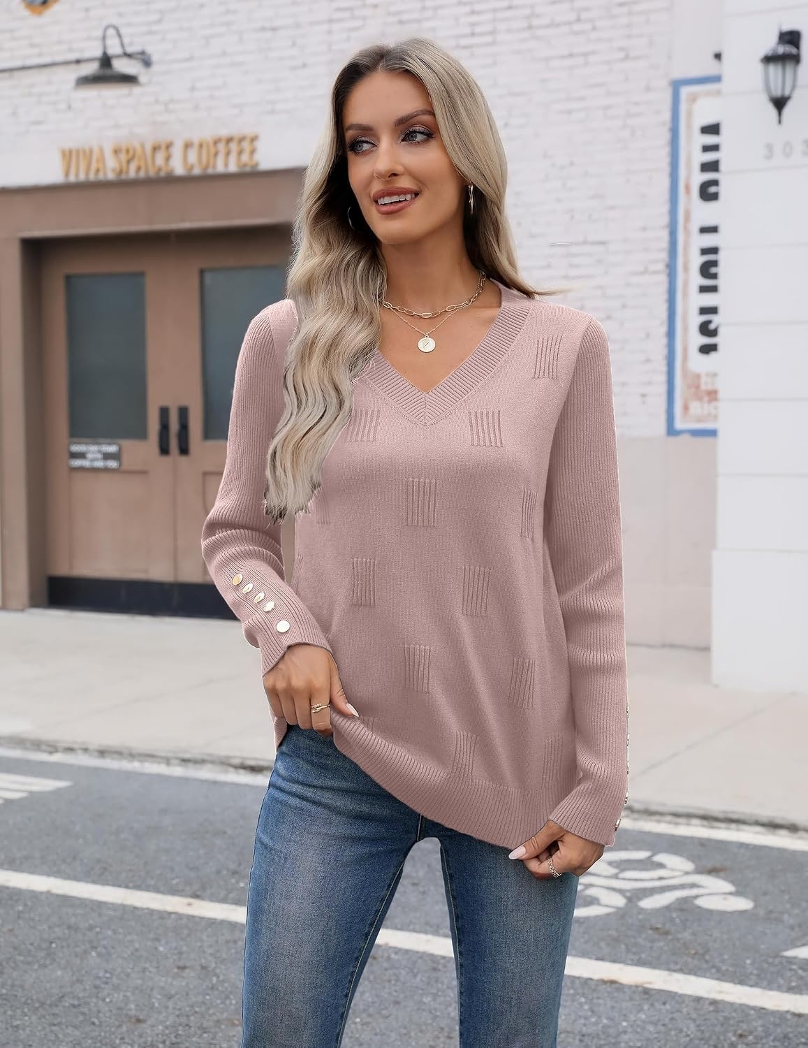 image:imageZeagoo Womens V Neck Sweaters Long Sleeve Lightweight with Buttons OufitsPink Purple