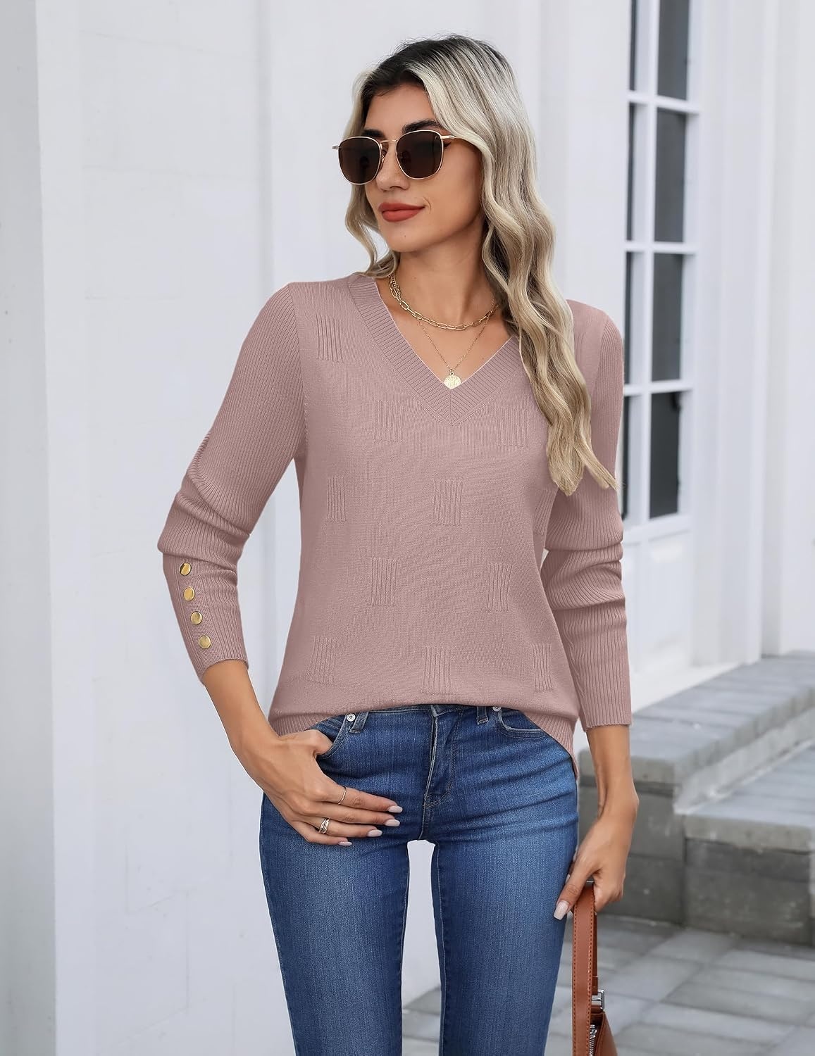 image:imageZeagoo Womens V Neck Sweaters Long Sleeve Lightweight with Buttons OufitsPink Purple