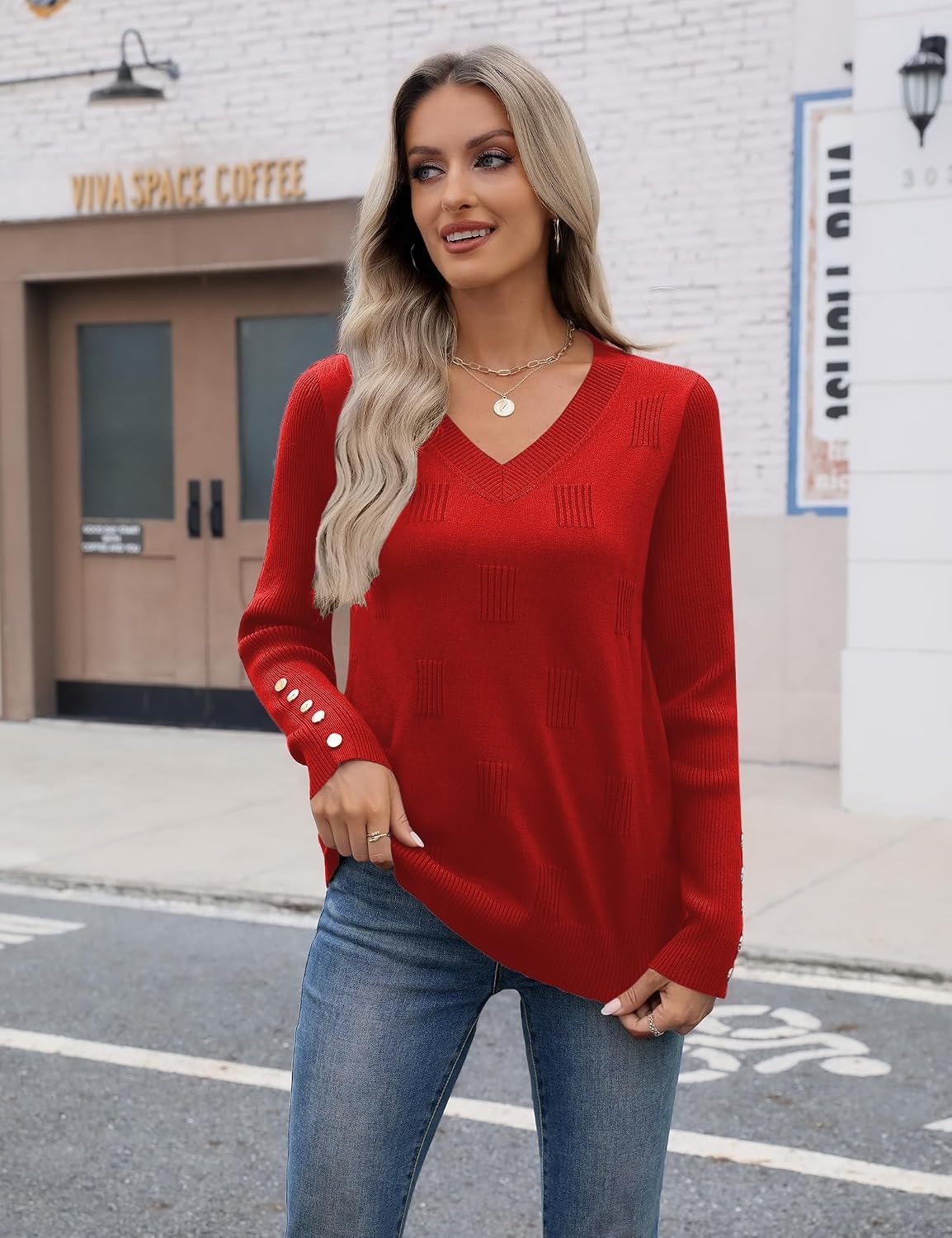 image:imageZeagoo Womens V Neck Sweaters Long Sleeve Lightweight with Buttons OufitsRed