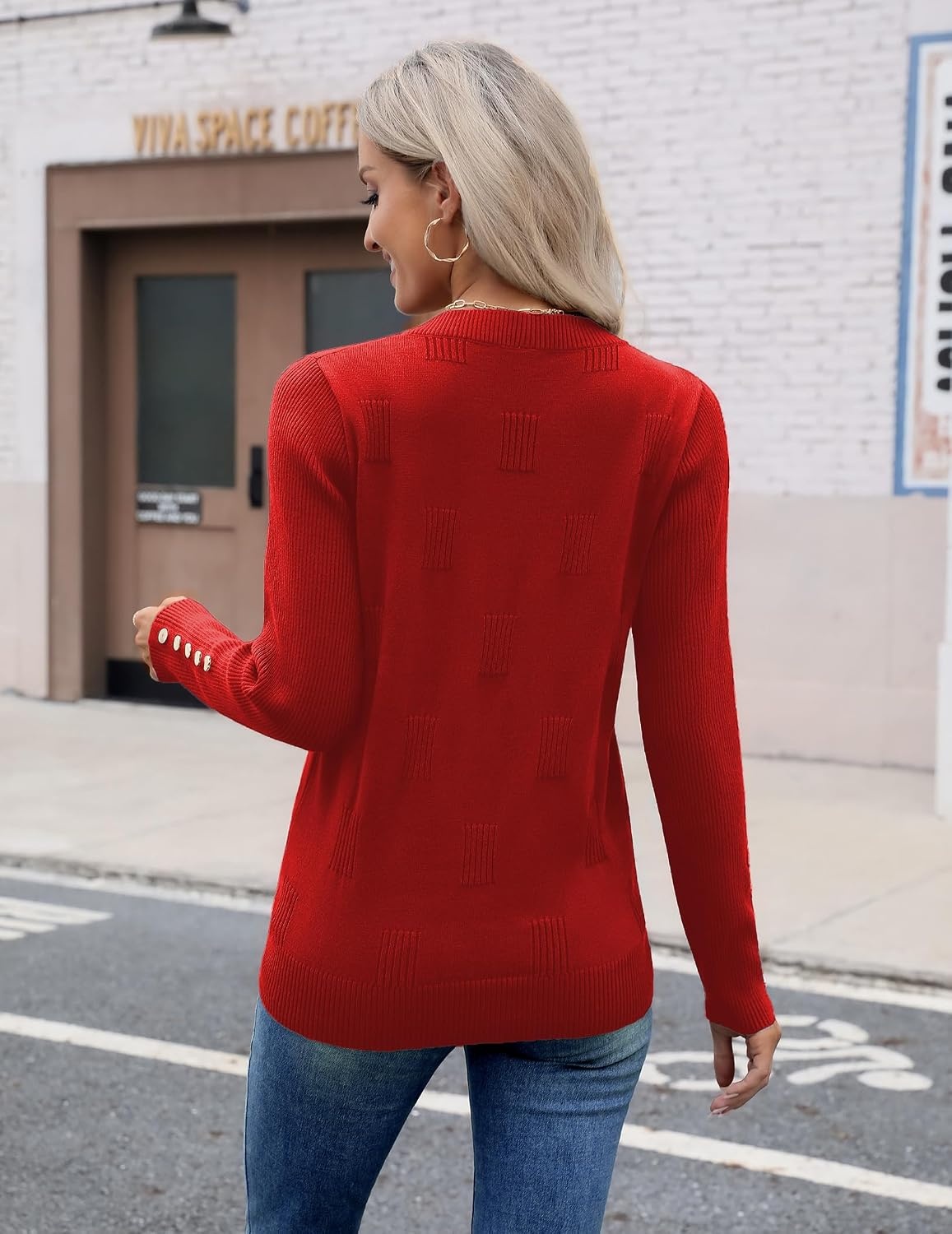 image:imageZeagoo Womens V Neck Sweaters Long Sleeve Lightweight with Buttons OufitsRed