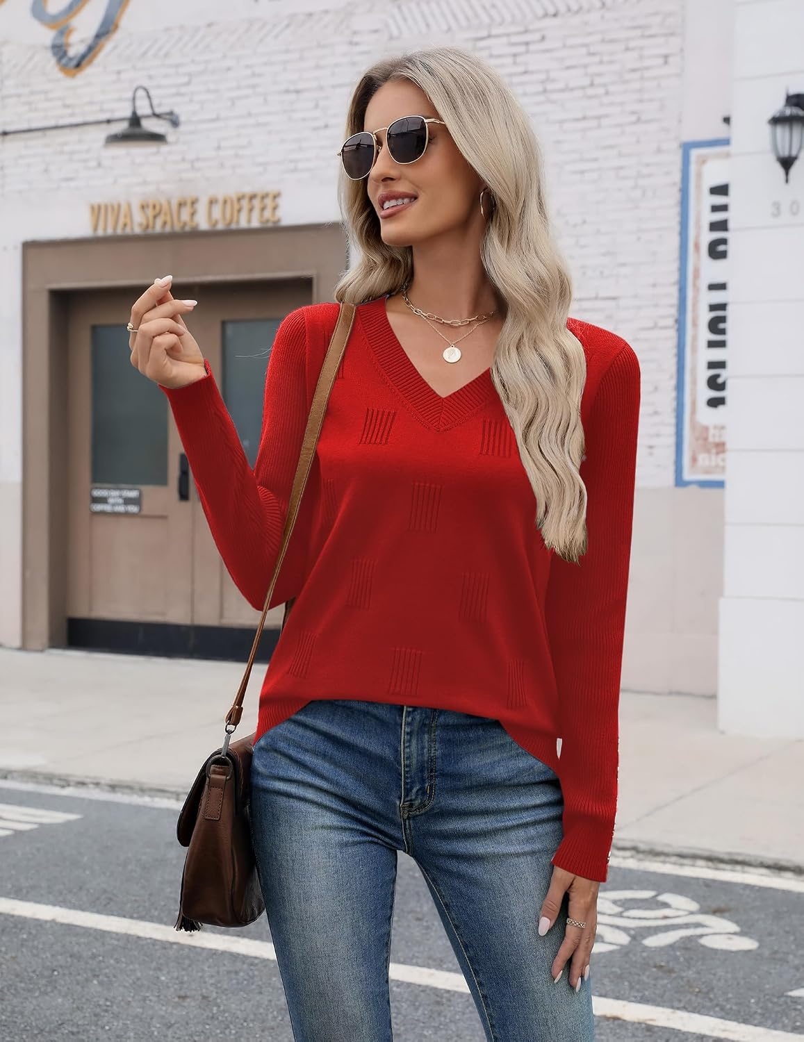 image:imageZeagoo Womens V Neck Sweaters Long Sleeve Lightweight with Buttons OufitsRed