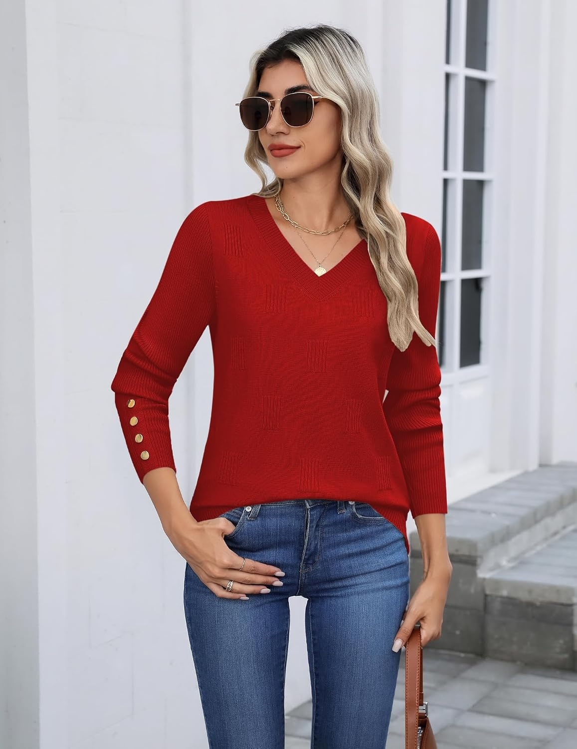 image:imageZeagoo Womens V Neck Sweaters Long Sleeve Lightweight with Buttons OufitsRed