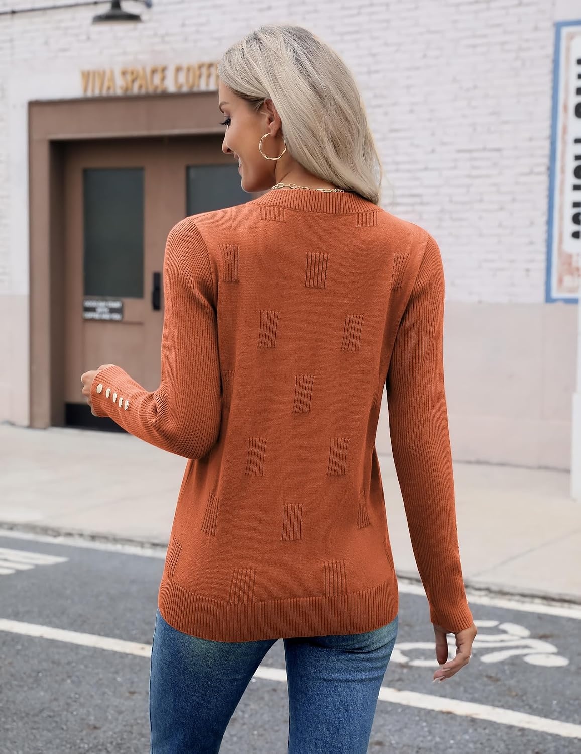image:imageZeagoo Womens V Neck Sweaters Long Sleeve Lightweight with Buttons OufitsRust