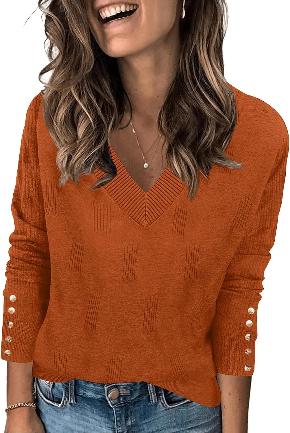 image:imageZeagoo Womens V Neck Sweaters Long Sleeve Lightweight with Buttons OufitsRust