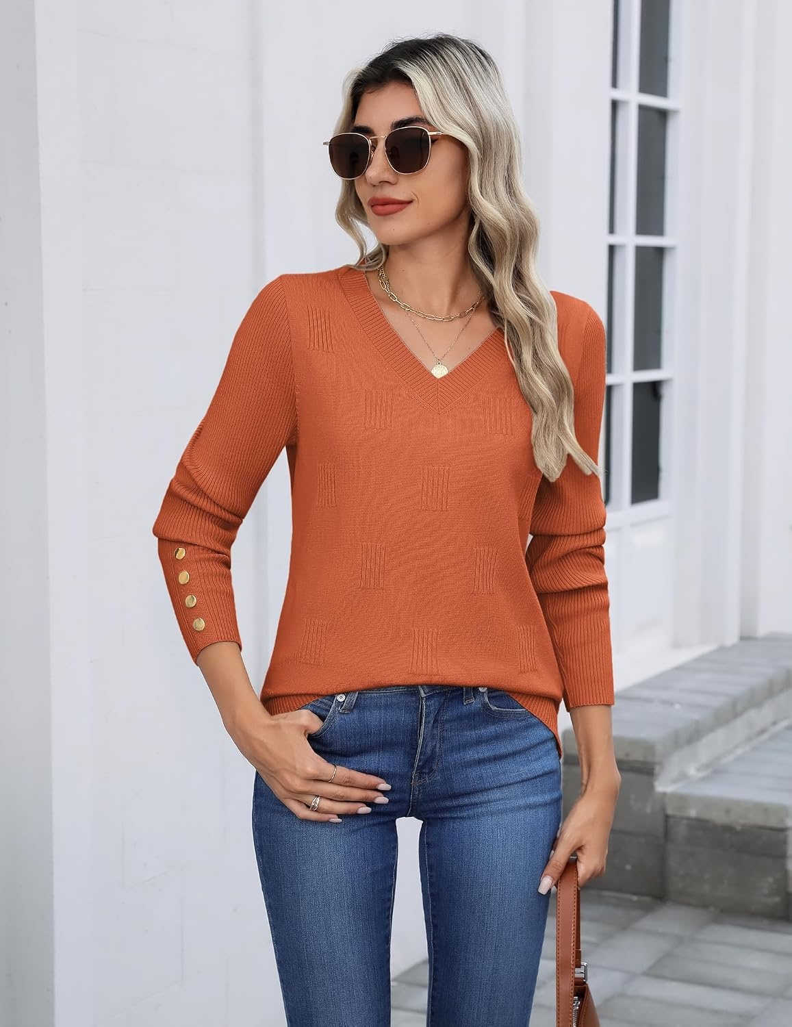 image:imageZeagoo Womens V Neck Sweaters Long Sleeve Lightweight with Buttons OufitsRust