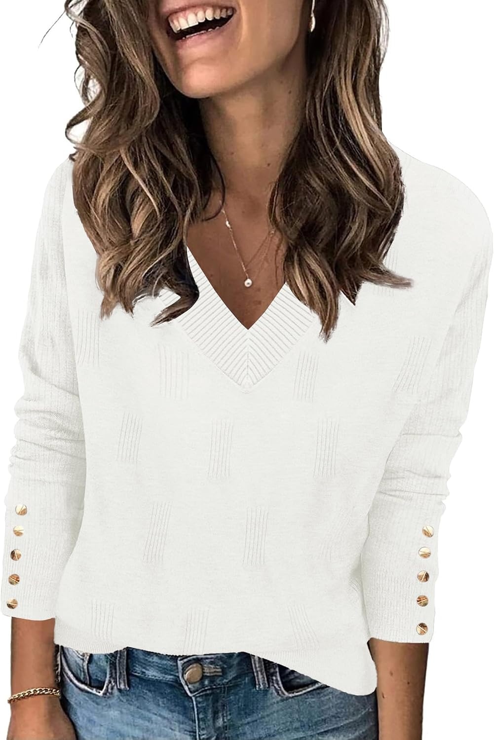 image:imageZeagoo Womens V Neck Sweaters Long Sleeve Lightweight with Buttons OufitsWhite