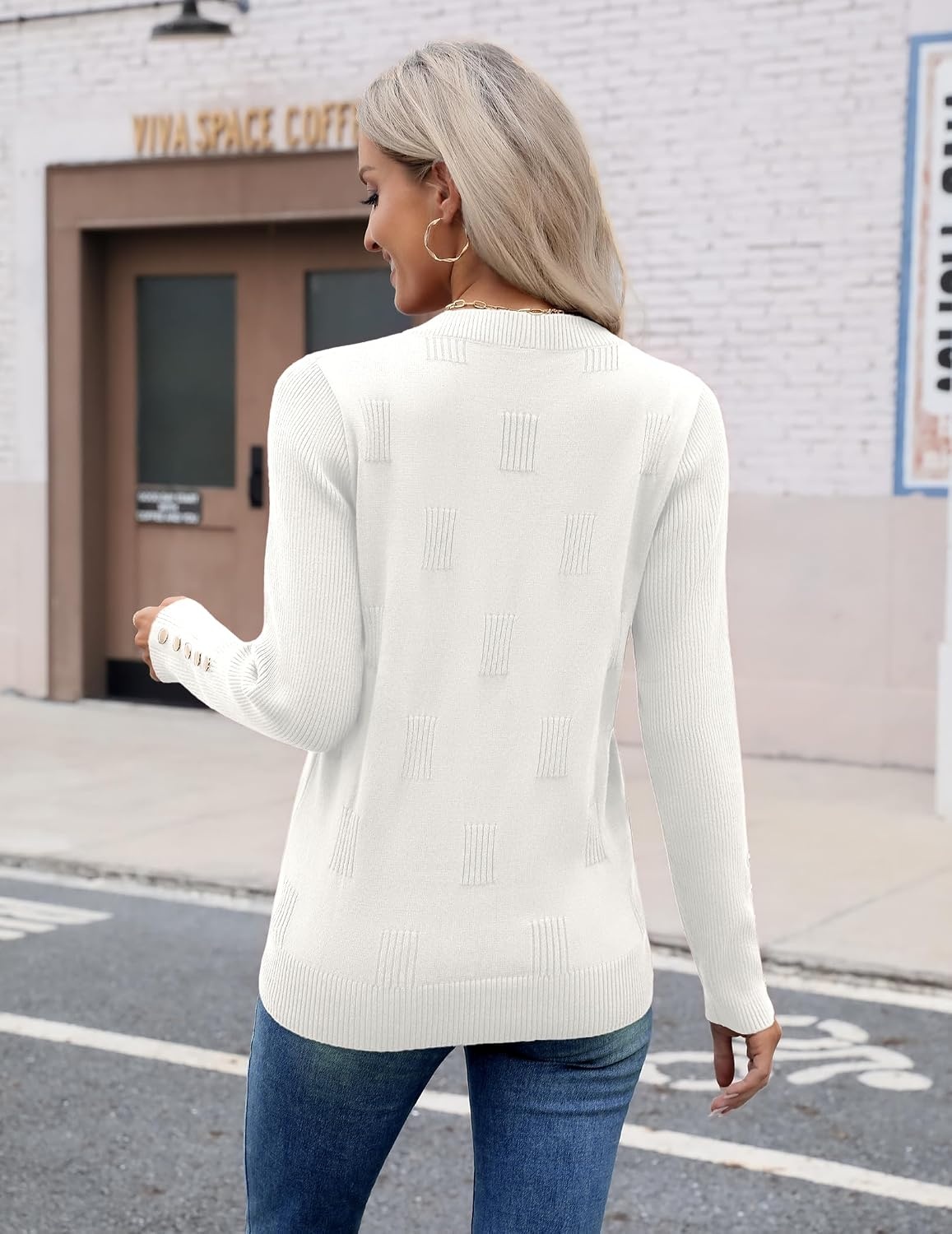image:imageZeagoo Womens V Neck Sweaters Long Sleeve Lightweight with Buttons OufitsWhite