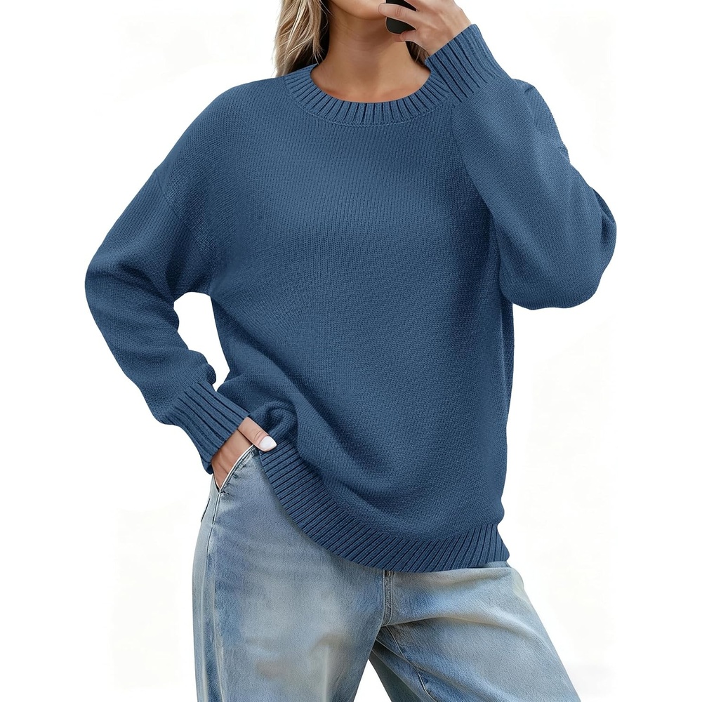 image:imageZeagoo Fall Sweaters for Women 2026 Long Sleeve Crewneck Ribbed Knit Pullover Sweater Loose Fit Basic Jumper TopsA Blue