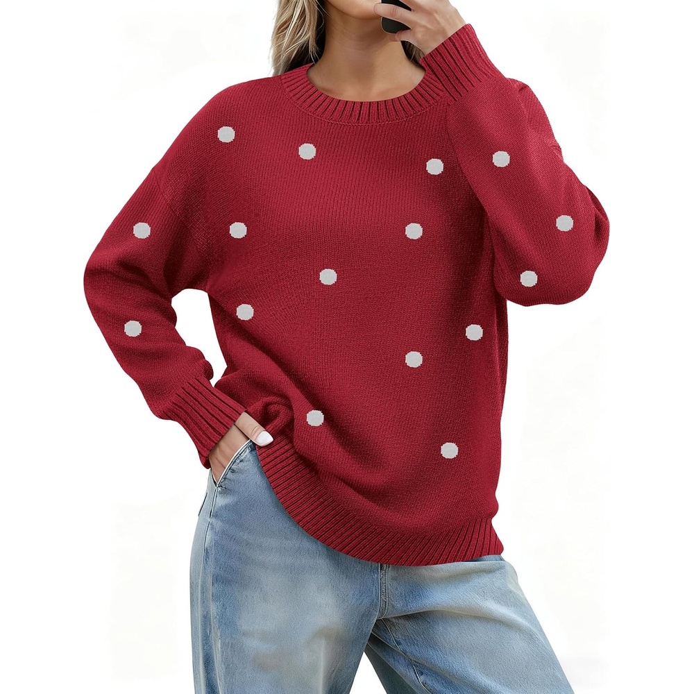 image:imageZeagoo Fall Sweaters for Women 2026 Long Sleeve Crewneck Ribbed Knit Pullover Sweater Loose Fit Basic Jumper TopsA Polka Dotred