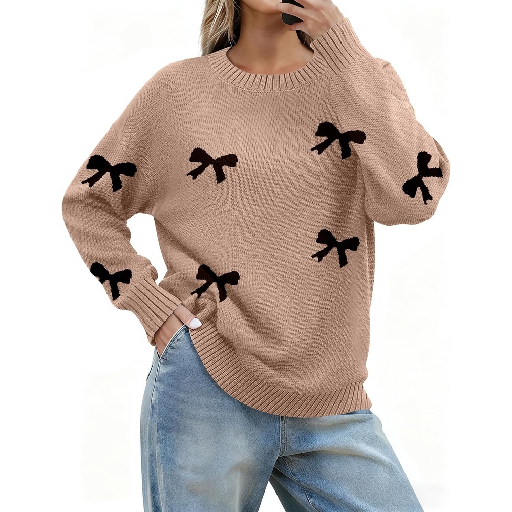 image:imageZeagoo Fall Sweaters for Women 2026 Long Sleeve Crewneck Ribbed Knit Pullover Sweater Loose Fit Basic Jumper TopsAa Bow625