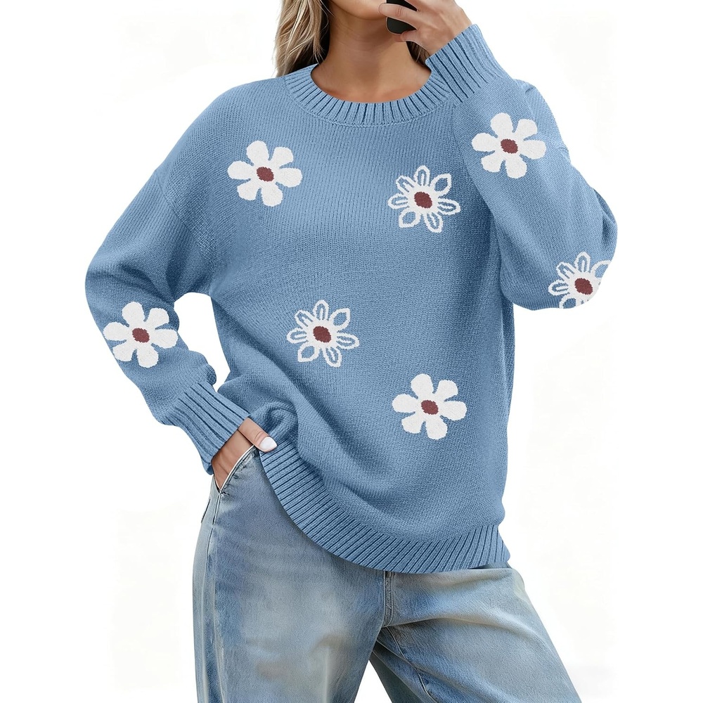 image:imageZeagoo Fall Sweaters for Women 2026 Long Sleeve Crewneck Ribbed Knit Pullover Sweater Loose Fit Basic Jumper TopsFlower193