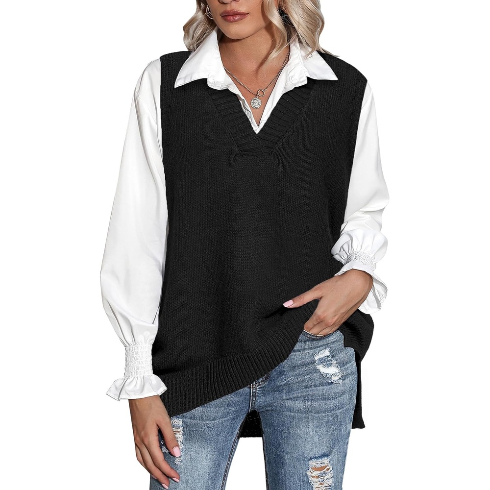 image:imageZeagoo Sweater Vest Women Sleeveless V Neck Oversized Pullover Knitted Tops 2026 Fall OutfitsBlack