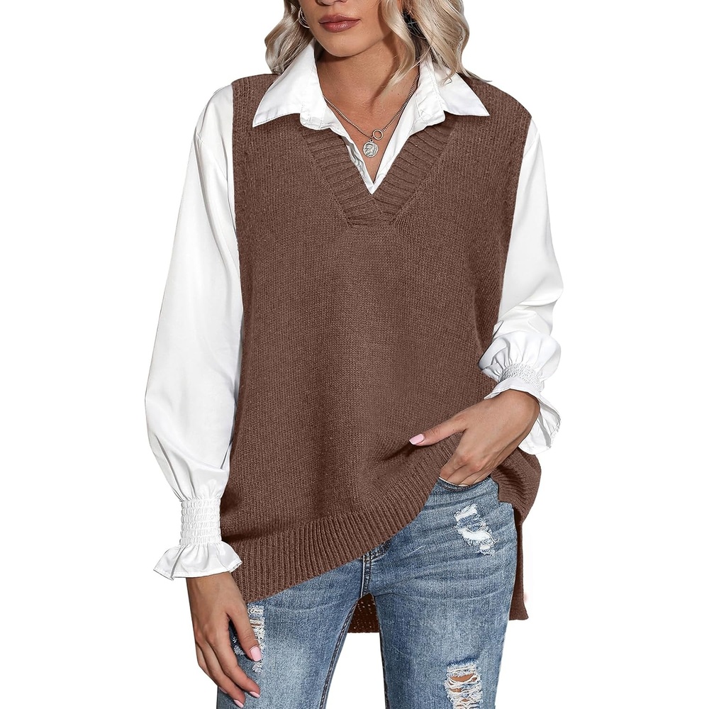 image:imageZeagoo Sweater Vest Women Sleeveless V Neck Oversized Pullover Knitted Tops 2026 Fall OutfitsBrown