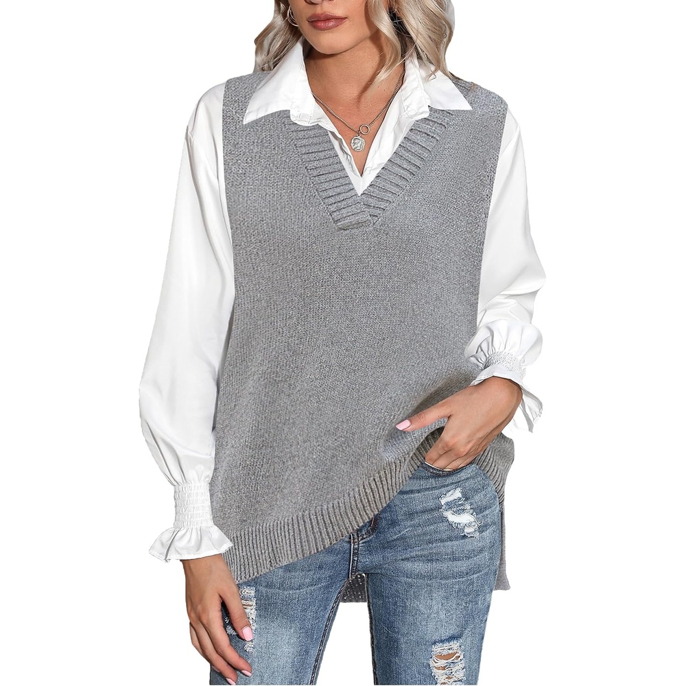 image:imageZeagoo Sweater Vest Women Sleeveless V Neck Oversized Pullover Knitted Tops 2026 Fall OutfitsGrey