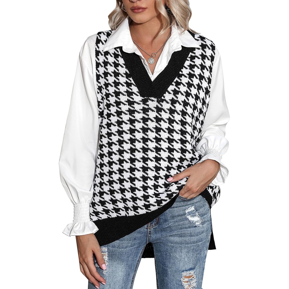image:imageZeagoo Sweater Vest Women Sleeveless V Neck Oversized Pullover Knitted Tops 2026 Fall OutfitsHoundstooth Black and White