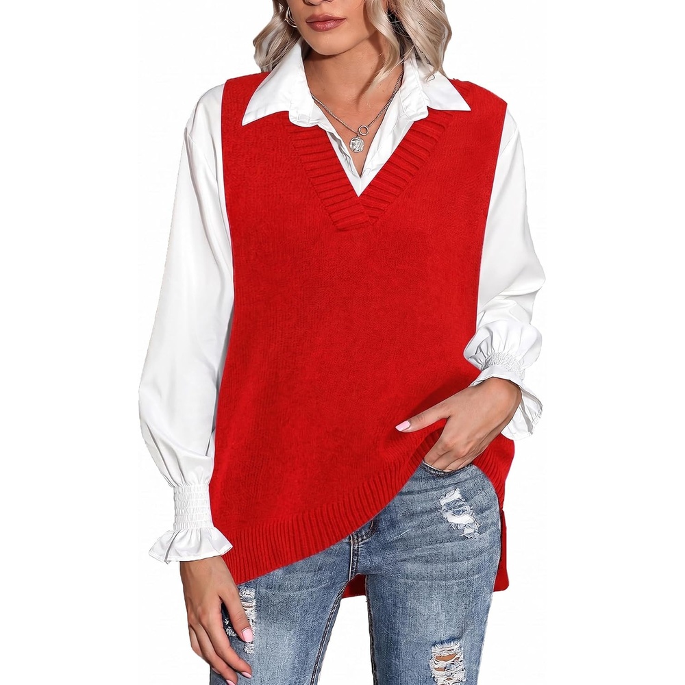 image:imageZeagoo Sweater Vest Women Sleeveless V Neck Oversized Pullover Knitted Tops 2026 Fall OutfitsRed