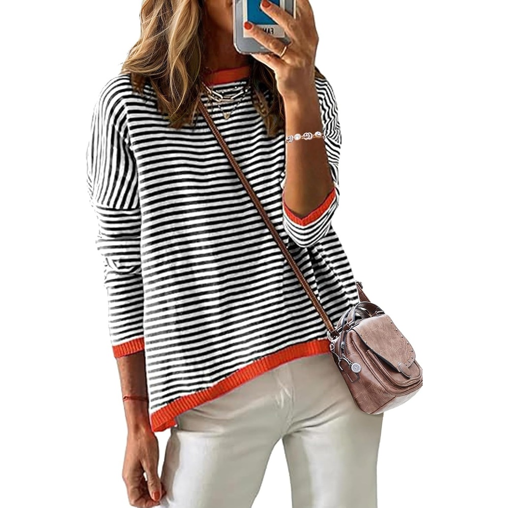 image:imageZeagoo Sweaters for Women Fall Outfits Trendy 2026 Long Sleeve Shirts Bussiness Casual Knit Pullover Sweater TopsBstriped Black