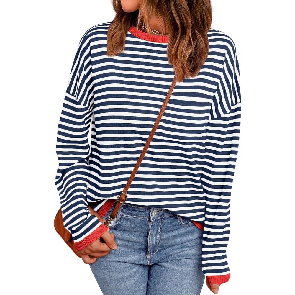image:imageZeagoo Sweaters for Women Fall Outfits Trendy 2026 Long Sleeve Shirts Bussiness Casual Knit Pullover Sweater TopsBstriped Blue