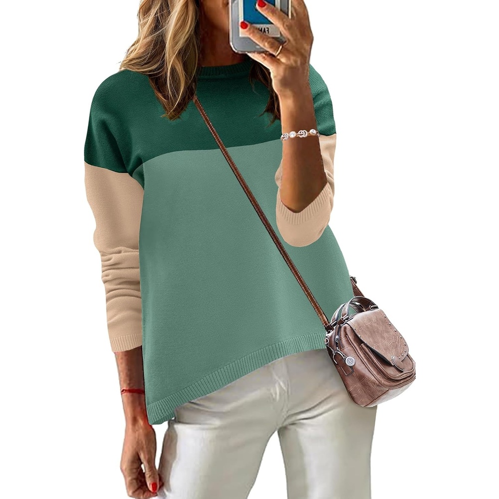 image:imageZeagoo Sweaters for Women Fall Outfits Trendy 2026 Long Sleeve Shirts Bussiness Casual Knit Pullover Sweater TopsColor Block 3 Green