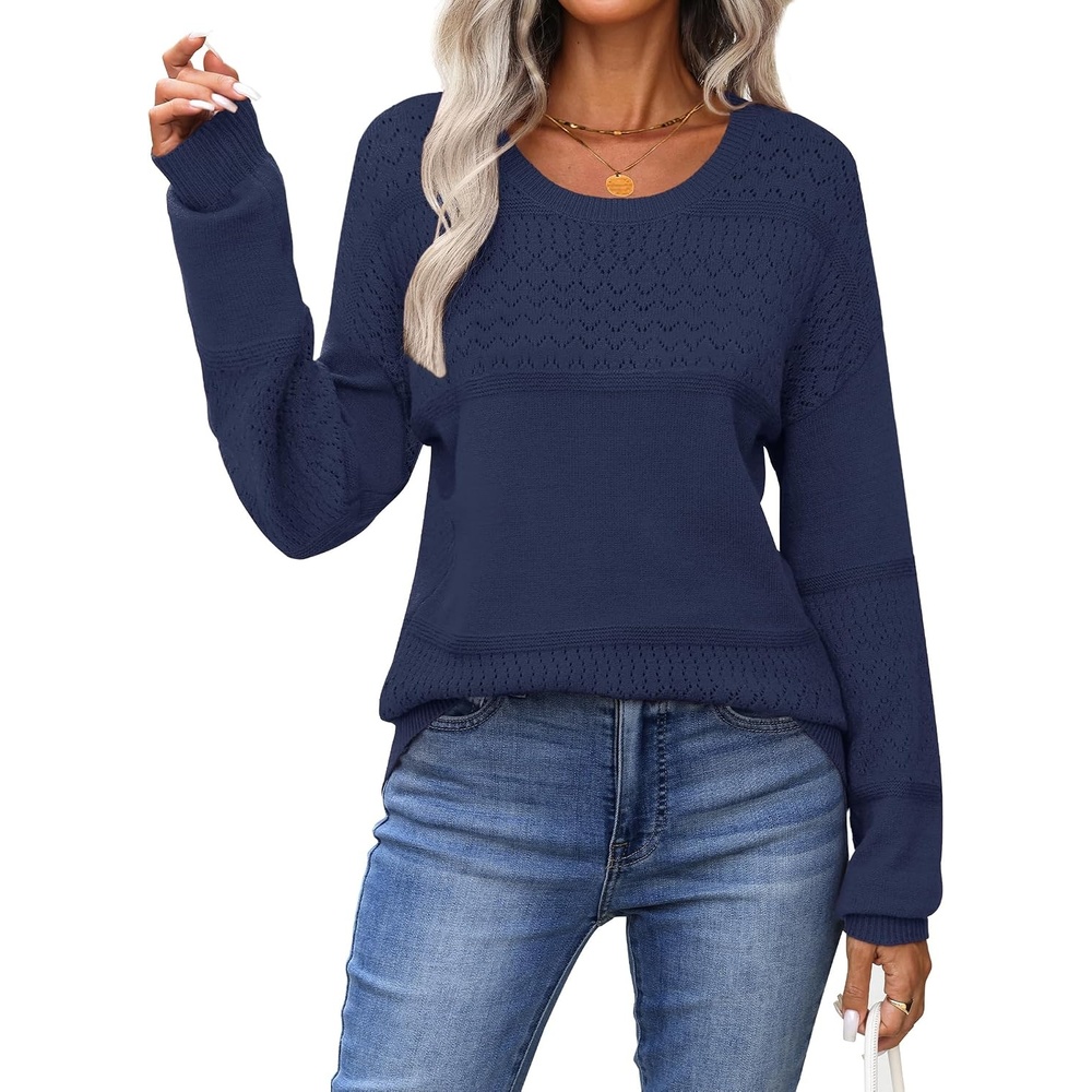 image:imageZeagoo Sweaters for Women Long Sleeve Tops Soft Knit Crew Neck Pullover Sweater Lightweight Crochet 2026 Fall OutfitsA Dark Blue
