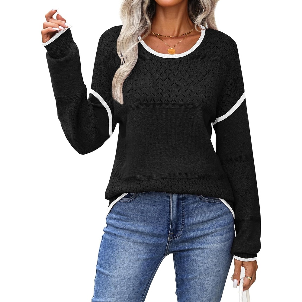 image:imageZeagoo Sweaters for Women Long Sleeve Tops Soft Knit Crew Neck Pullover Sweater Lightweight Crochet 2026 Fall OutfitsBlack B1