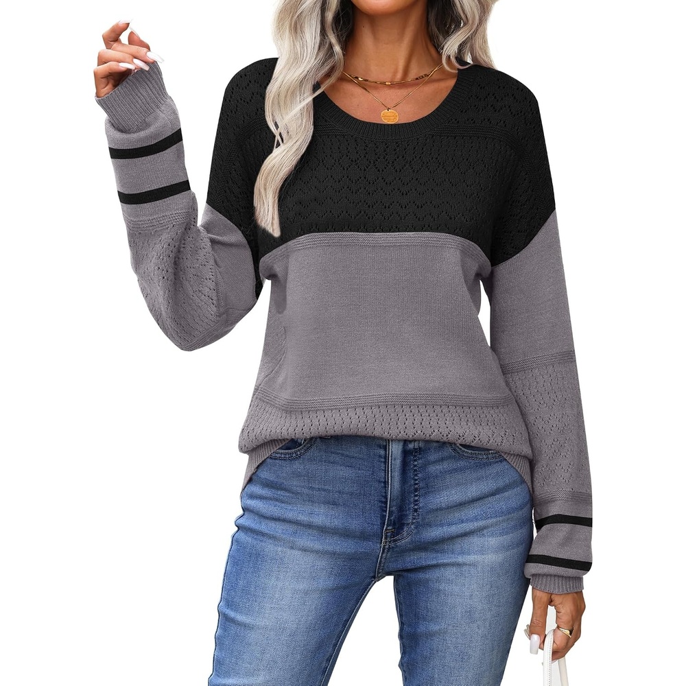 image:imageZeagoo Sweaters for Women Long Sleeve Tops Soft Knit Crew Neck Pullover Sweater Lightweight Crochet 2026 Fall OutfitsBlackgray