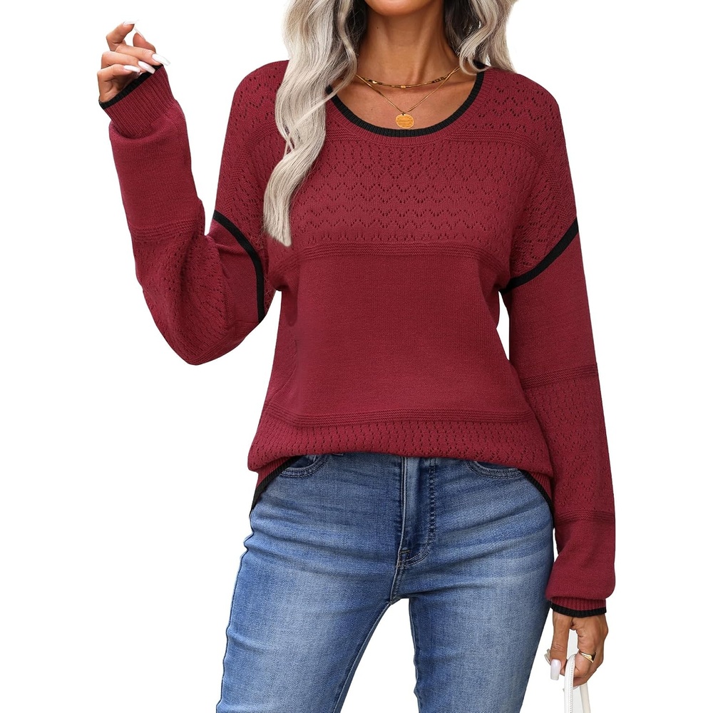 image:imageZeagoo Sweaters for Women Long Sleeve Tops Soft Knit Crew Neck Pullover Sweater Lightweight Crochet 2026 Fall OutfitsRedblack