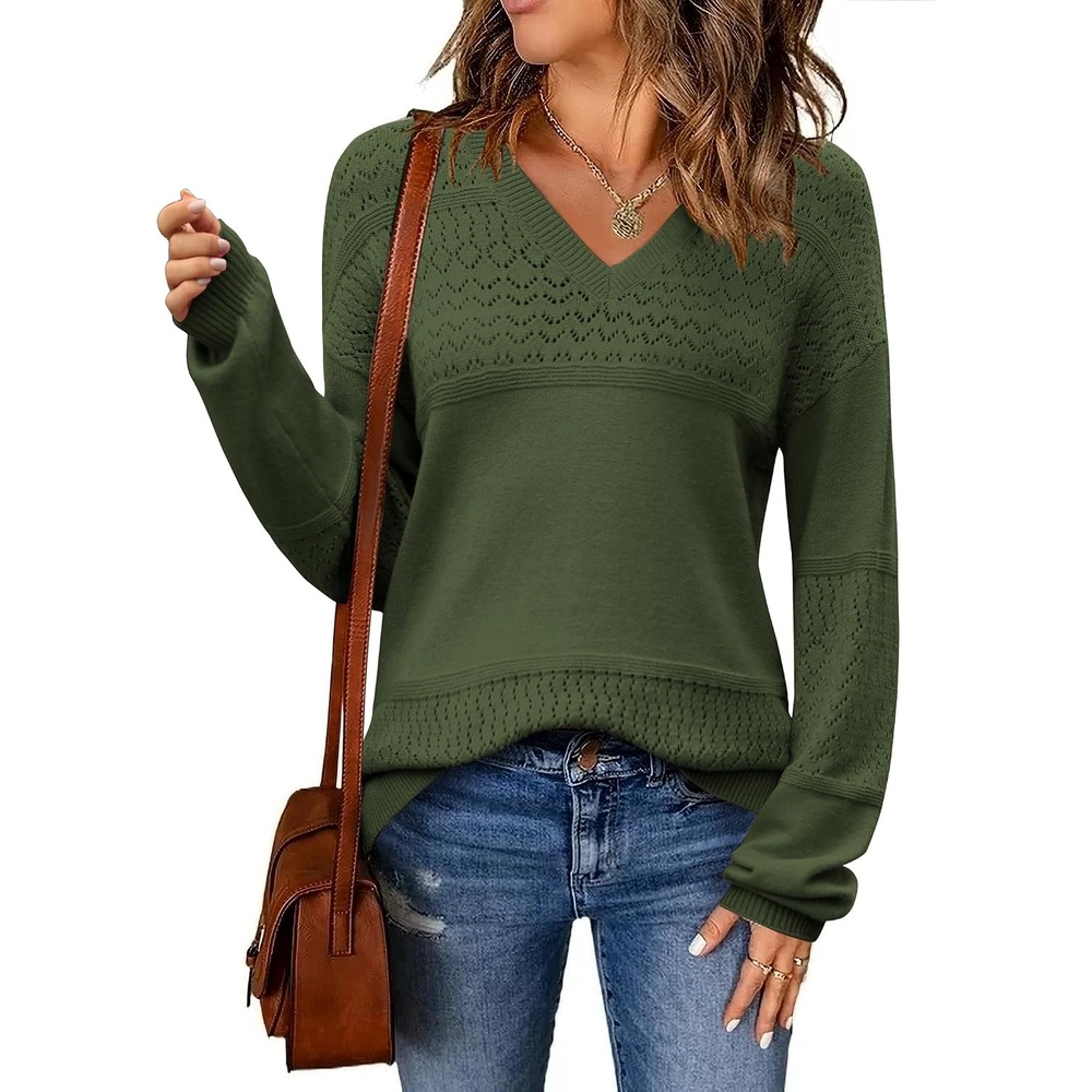 image:imageZeagoo Sweaters for Women Long Sleeve Tops V Neck Outfits Fall ClothesArmy Green