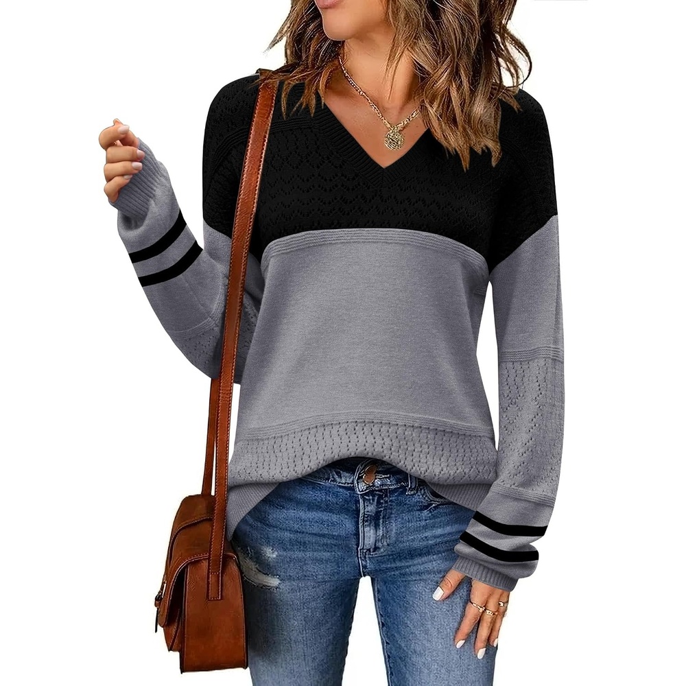 image:imageZeagoo Sweaters for Women Long Sleeve Tops V Neck Outfits Fall ClothesColorblock Tz172
