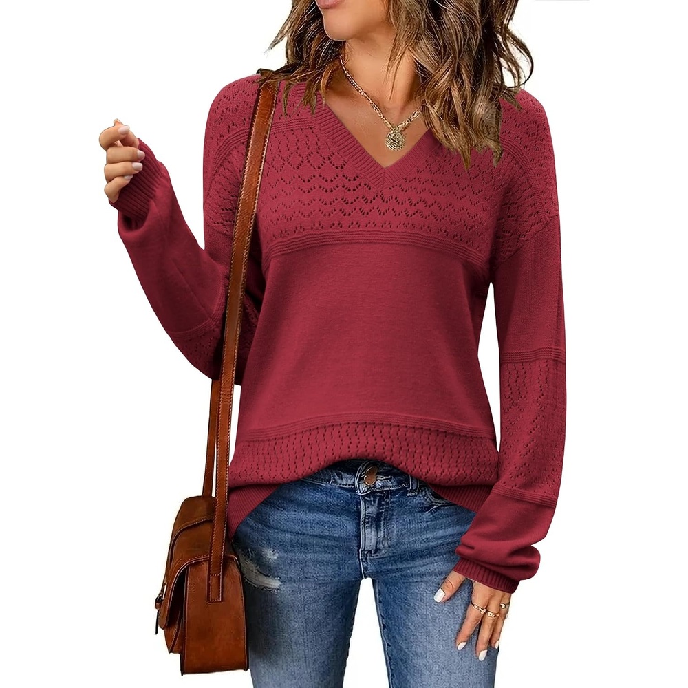 image:imageZeagoo Sweaters for Women Long Sleeve Tops V Neck Outfits Fall ClothesWine Red