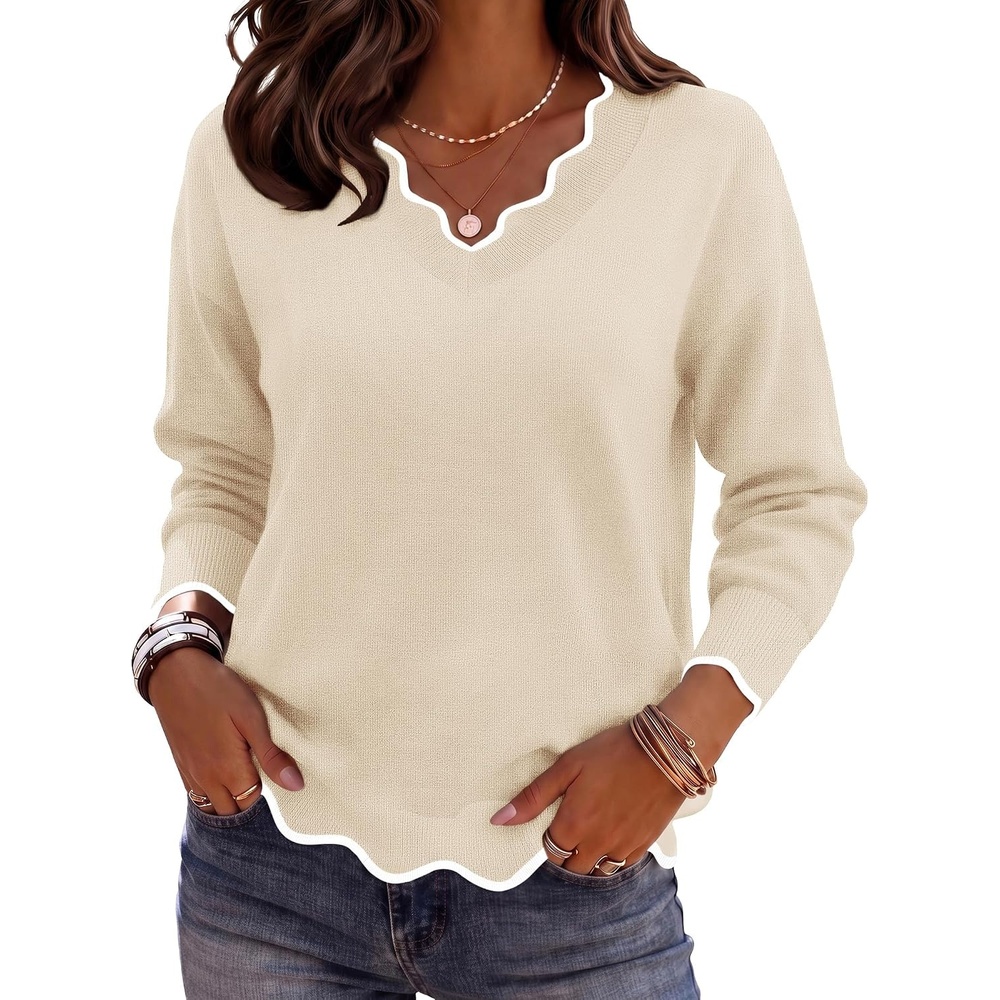 image:imageZeagoo Womens 2026 Fall V Neck Sweater Long Sleeve Lightweight Knit TopsApricot