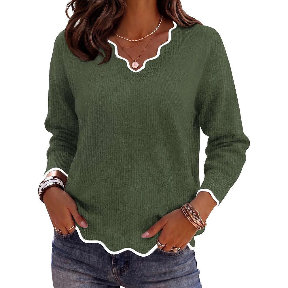 image:imageZeagoo Womens 2026 Fall V Neck Sweater Long Sleeve Lightweight Knit TopsArmy Green