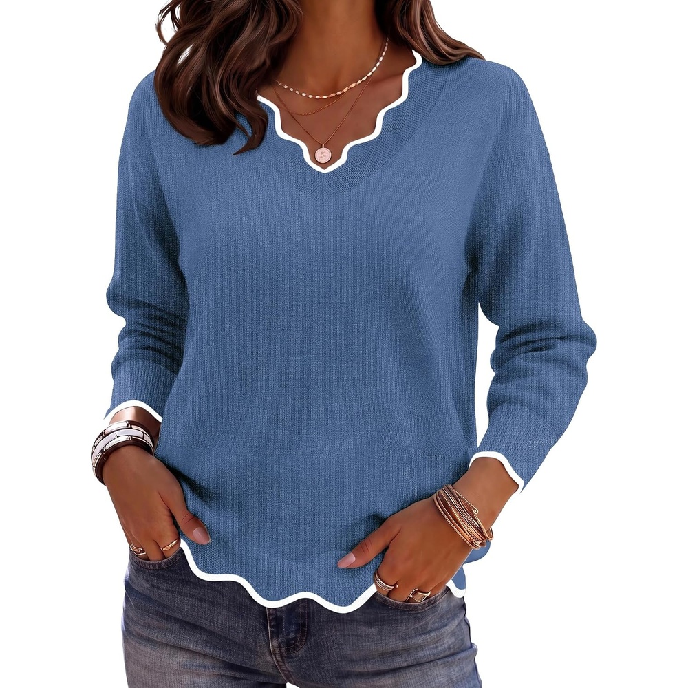 image:imageZeagoo Womens 2026 Fall V Neck Sweater Long Sleeve Lightweight Knit TopsBlue