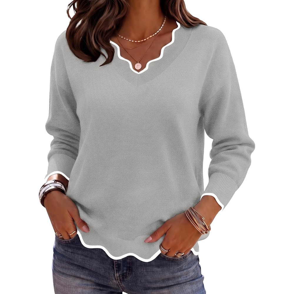 image:imageZeagoo Womens 2026 Fall V Neck Sweater Long Sleeve Lightweight Knit TopsGrey