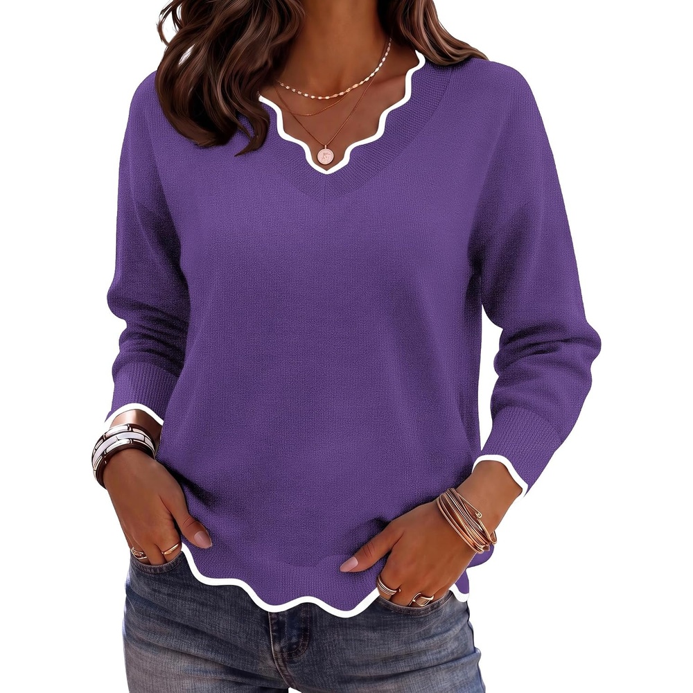 image:imageZeagoo Womens 2026 Fall V Neck Sweater Long Sleeve Lightweight Knit TopsPurple