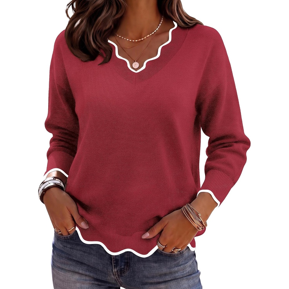 image:imageZeagoo Womens 2026 Fall V Neck Sweater Long Sleeve Lightweight Knit TopsWine Red